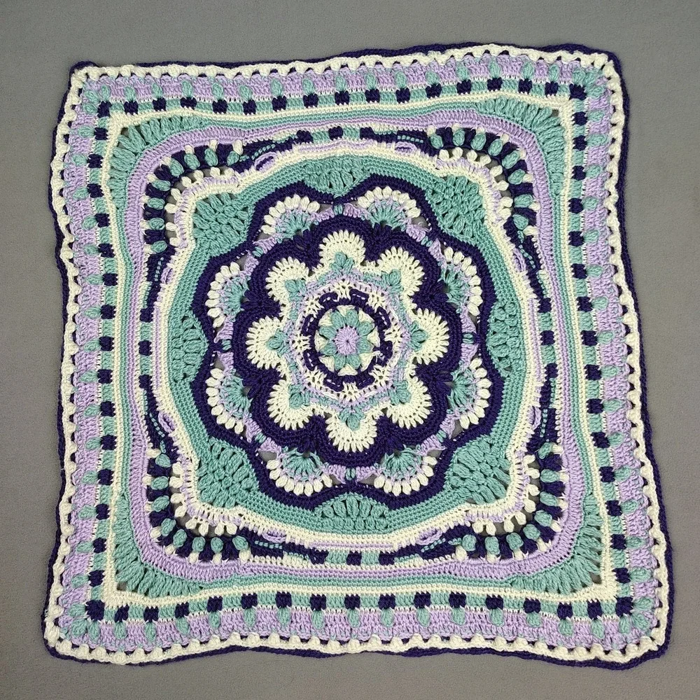Vintage Handmade Crochet Baby Blanket Purple Blue 3-D Floral Design 32
